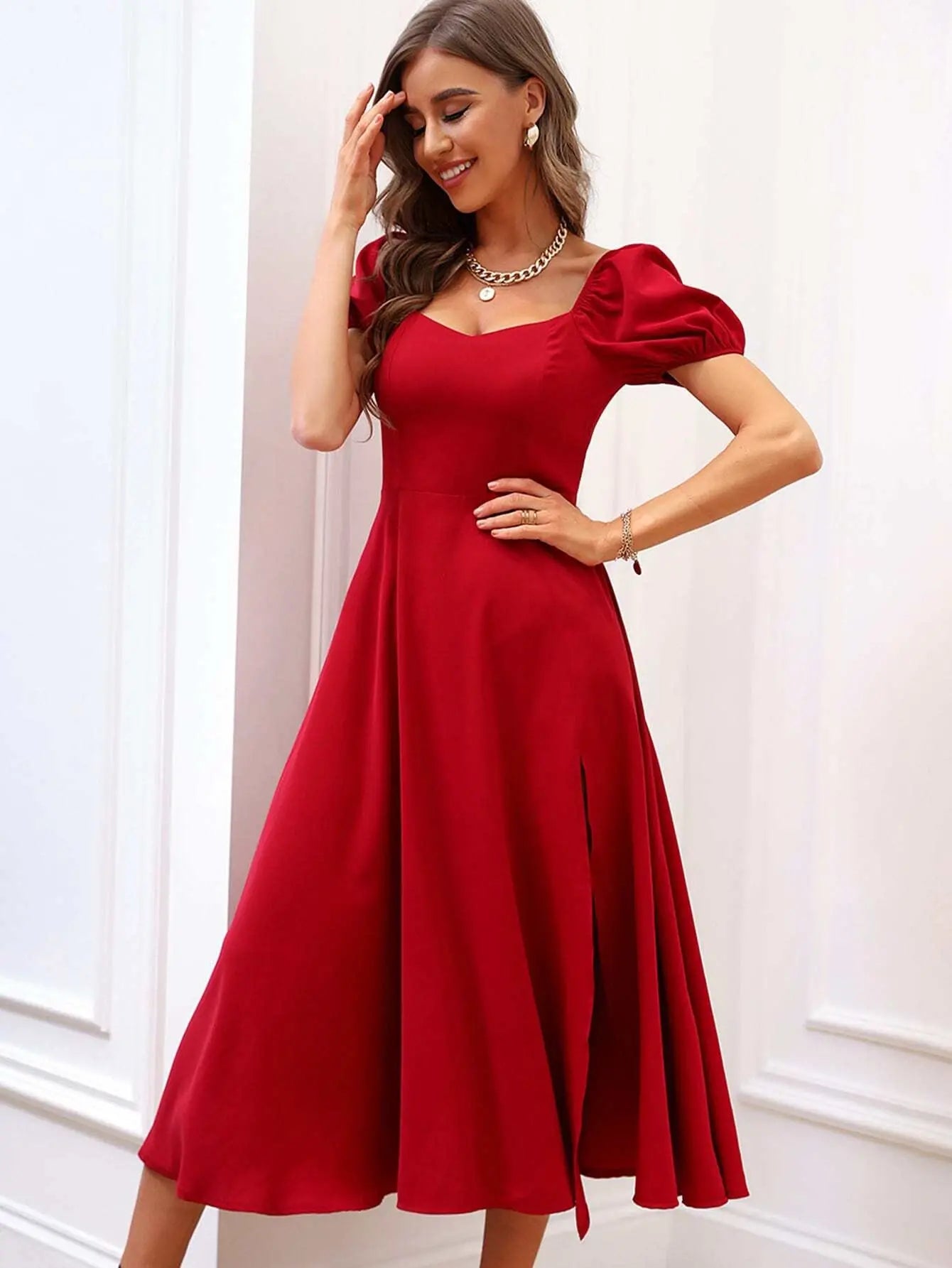 Vestido Longo Vermelho Elegante Manga Bufante Ravello