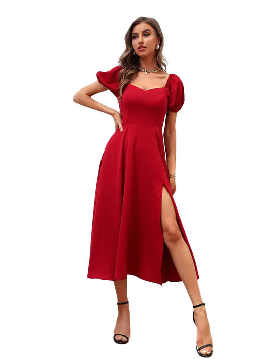 Vestido Midi Vermelho Elegante Manga Bufante Ravello 30